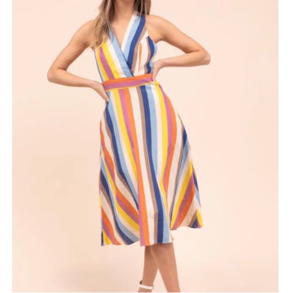 Gilli Rainbow Stripe Linen Blend Midi Dress S NWT Bow Back Cutout